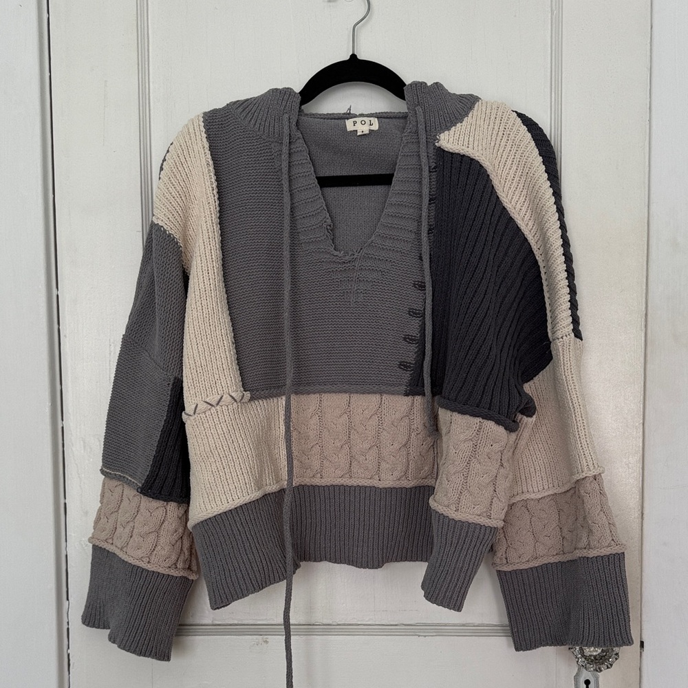 POL Distressed Patchwork Sweater